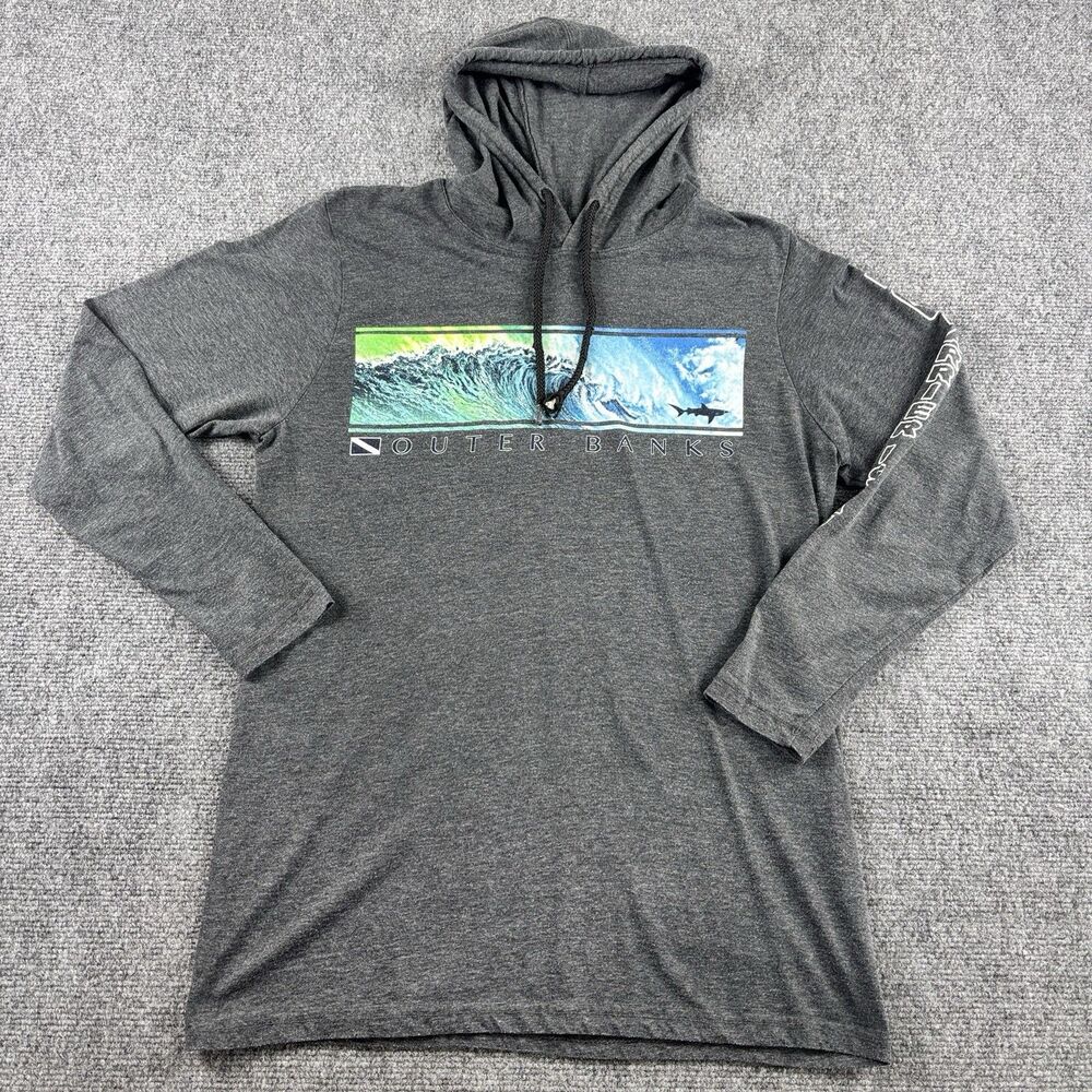 Outer Banks Hoodie Mens S US S Gray Wave Shark NC 12 Barrier Island
